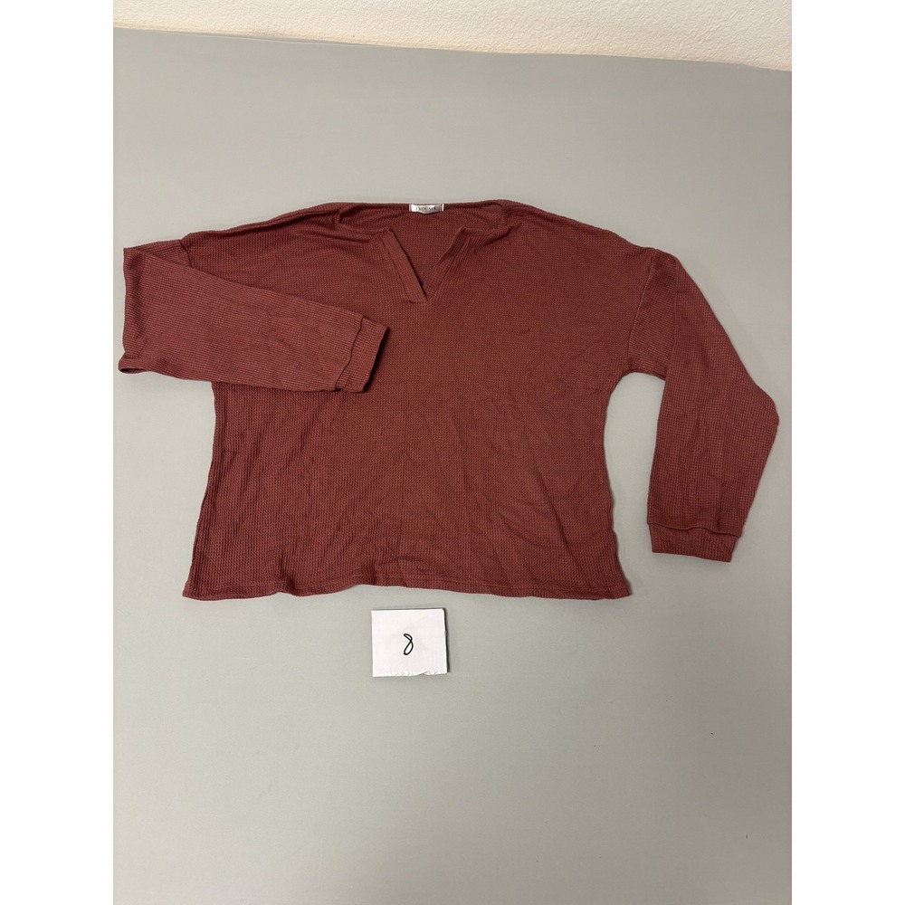 EKOUAER Womens Rust Waffle Knit V-Neck Long Sleeve Pullover Top L